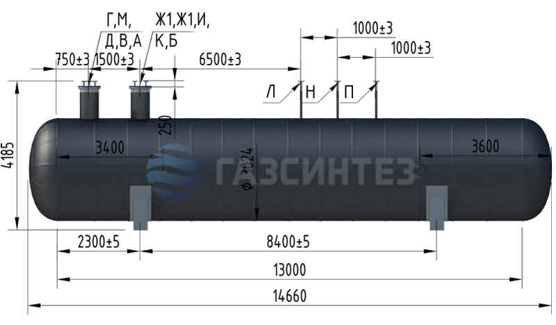 Схема расположения штуцеров подземной емкости СУГ-100 м3